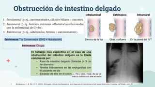Obstrucción de intestino delgado
Intraluminal Extrinseco Intramural
Dentro de la luz En la pared del INT
Obst. x Afuera
Extrinsecas: Tto Conservador (SNG + Hidratación)
Intrinsecas: Cirugia
← Px c/ obst. Total , No se ve
marco colónico ni aire en recto.
1. Bordeianou, L., & Yeh, D. D. (2020). Etiologies, clinical manifestations, and diagnosis of mechanical small bowel obstruction in adults. UpToDate. com, 65.
 