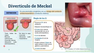 Diverticulo de Meckel
Es una anomalía congénita y es un rezago del conducto
onfalomesentérico (conducto vitelino).
DEFINICION
Tiene todas las
capas:
Mucosa ,
submucosa,
muscular, serosa.
Ubicación: Lado
antimesentérico
No tiene la capa
muscular.
Ubicación: Lado
mesentérico
1. An, J., & Zabbo, C.P. (2020). Meckel diverticulum.
https://www.ncbi.nlm.nih.gov/books/NBK499960/
 