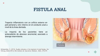FISTULA ANAL
Trayecto inﬂamatorio con un oriﬁcio externo en
piel perianal y otro interno en el conducto anal a
nivel de la linea dentada.
La mayoría de los pacientes tiene un
antecedente de absceso anorrectal, asociado a
drenaje intermitente.
Schwandner, O. (2019). Quality indicators in the treatment of anal fistulas. Der
Chirurg; Zeitschrift fur Alle Gebiete der Operativen Medizen, 90(4), 270-278.
 