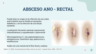 ABSCESO ANO - RECTAL
Puede tener su origen en la infección de una cripta
anal (criptitis) que se facilita en pacientes
diabéticos, o en la infección de una fístula
existente.
Localización frecuente: perianal, isquiorrectal,
interesﬁnteriano y supraelevador o pelvirrectal
Microorganismos: E. coli, peptostreptococos,
estreptococos, Clostridium spp, peptococos y
estaﬁlococos
Suelen ser una mezcla de la ﬂora fecal y cutánea
Nelson, R. (2002). Anorectal abscess fistula: what do we know?. Surgical Clinics, 82(6), 1139-1151.
 