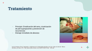 Tratamiento
- Principio: Erradicación del seno, cicatrización
de piel suprayacente y prevención de
recurrencias
- Drenaje inmediato de absceso
Guía de Práctica Clínica, Diagnóstico y tratamiento de la enfermedad pilonidal en los tres niveles de atención. México:
Secretaría de Salud. 2013. http://www.cenetec-difusion.com/CMGPC/ISSSTE-662- 13/ER.pdf
 