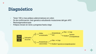 Diagnóstico
- Tener 100 o mas polipos adenomatosos en colon
- Dx de conﬁrmacion: test genetico estudiando mutaciones del gen APC
- Rectosigmoidoscopia
- Polipos inician en recto y progresa hasta ciego
 