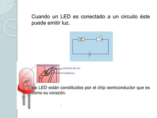 Cuando un LED es conectado a un circuito éste
puede emitir luz.
los LED están constituidos por el chip semiconductor que es
como su corazón.
 