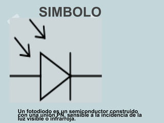SIMBOLO
Un fotodiodo es un semiconductor construido
con una unión PN, sensible a la incidencia de la
luz visible o infrarroja.
 