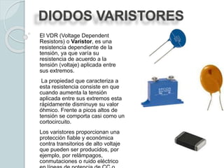 DIODOS VARISTORES
El VDR (Voltage Dependent
Resistors) o Varistor, es una
resistencia dependiente de la
tensión, ya que varía su
resistencia de acuerdo a la
tensión (voltaje) aplicada entre
sus extremos.
La propiedad que caracteriza a
esta resistencia consiste en que
cuando aumenta la tensión
aplicada entre sus extremos esta
rápidamente disminuye su valor
óhmico. Frente a picos altos de
tensión se comporta casi como un
cortocircuito.
Los varistores proporcionan una
protección fiable y económica
contra transitorios de alto voltaje
que pueden ser producidos, por
ejemplo, por relámpagos,
conmutaciones o ruido eléctrico
 