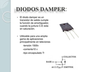 DIODOS DAMPER:
 El diodo damper es un
transistor de salida cumple
la función de amortiguador,
cuando la juntura C-E esta
en saturación.
 Utilizable para una amplia
gama de aplicaciones
principalmente en televiones
-tensión 1500v
-corriente10 v
-tipo encapsulado TO-3P
 