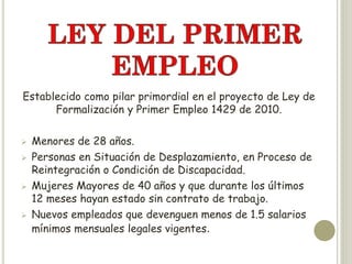 Establecido como pilar primordial en el proyecto de Ley de
      Formalización y Primer Empleo 1429 de 2010.

   Menores de 28 años.
   Personas en Situación de Desplazamiento, en Proceso de
    Reintegración o Condición de Discapacidad.
   Mujeres Mayores de 40 años y que durante los últimos
    12 meses hayan estado sin contrato de trabajo.
   Nuevos empleados que devenguen menos de 1.5 salarios
    mínimos mensuales legales vigentes.
 