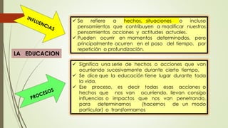 LA EDUCACION
 Se refiere a hechos, situaciones o incluso
pensamientos que contribuyen a modificar nuestros
pensamientos acciones y actitudes actuales.
 Pueden ocurrir en momentos determinados, pero
principalmente ocurren en el paso del tiempo, por
repetición o profundización.
 Significa una serie de hechos o acciones que van
ocurriendo sucesivamente durante cierto tiempo.
 Se dice que la educación tiene lugar durante toda
la vida.
 Ese proceso, es decir todas esas acciones o
hechos que nos van ocurriendo, llevan consigo
influencias o impactos que nos van penetrando,
para determinarnos (hacernos de un modo
particular) o transformarnos
 