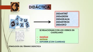 DIDÁCTICA
DIDAKTIKÉ
DIDASKEIN
DIDASKALIA
DIDAKTIKOS
DIDASKO
SE RELACIONAN CON LOS VERBOS EN
CASTELLANO:
• ENSEÑAR
• EXPONER (CON CLARIDAD)
ETIMOLOGÍA DEL TÉRMINO DIDÁCTICA
 
