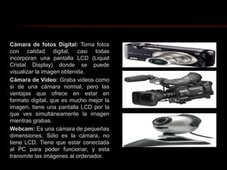 Cámara de fotos Digital: Toma fotos con calidad digital, casi todas incorporan una pantalla LCD (Liquid Cristal Display) donde se puede visualizar la imagen obtenida.Cámara de Video: Graba videos como si de una cámara normal, pero las ventajas que ofrece en estar en formato digital, que es mucho mejor la imagen, tiene una pantalla LCD por la que ves simultáneamente la imagen mientras grabas. Webcam: Es una cámara de pequeñas dimensiones. Sólo es la cámara, no tiene LCD. Tiene que estar conectada al PC para poder funcionar, y esta transmite las imágenes al ordenador.