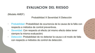 EVALUACION DEL RIESGO
(Modelo AMEF)
Probabilidad X Severidad X Detección
• Probabilidad: Probabilidad de ocurrencia de la causa de la falla con
respecto a métodos de control preventivos.
• Severidad: Con respecto al efecto (el mismo efecto debe tener
siempre la misma evaluación)
• Detección: Probabilidad de no detectar la causa o el modo de falla
con respecto a métodos de control de detección.
 