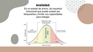 Ansiedad.
Es un estado de ánimo, de inquietud
emocional que puede acabar por
bloquearlos y limitar sus capacidades
para trabajar.
 