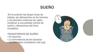 -En la aviación las largas horas de
trabajo, las alteraciones en los horarios
y los períodos continuos de vigilia
conllevan a una pérdida crónica de
sueño y alteraciones del ritmo
circadiano.
TRANSTORNOS DE SUEÑO:
• El insomnio
• La somnolencia diurna excesiva
• Los disturbios circadianos (Jet Lag)
SUEÑO
 
