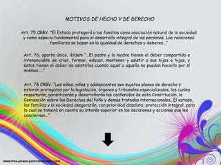MOTIVOS DE HECHO Y DE DERECHO
Art. 75 CRBV. “El Estado protegerá a las familias como asociación natural de la sociedad
y como espacio fundamental para el desarrollo integral de las personas. Las relaciones
familiares se basan en la igualdad de derechos y deberes…”
Art. 78 CRBV. “Los niños, niñas y adolescentes son sujetos plenos de derecho y
estarán protegidos por la legislación, órganos y tribunales especializados, los cuales
respetarán, garantizarán y desarrollarán los contenidos de esta Constitución, la
Convención sobre los Derechos del Niño y demás tratados internacionales…El estado,
las familias y la sociedad asegurarán, con prioridad absoluta, protección integral, para
lo cual se tomará en cuenta su interés superior en las decisiones y acciones que les
conciernan…”.
Art. 76, aparte único, ibídem “…El padre y la madre tienen el deber compartido e
irrenunciable de criar, formar, educar, mantener y asistir a sus hijos e hijas, y
éstos tienen el deber de asistirlos cuando aquel o aquella no puedan hacerlo por sí
mismos…..”
 