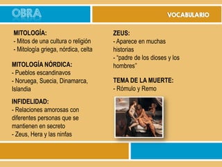 OBRA
MITOLOGÍA:
- Mitos de una cultura o religión
- Mitología griega, nórdica, celta
MITOLOGÍA NÓRDICA:
- Pueblos escandinavos
- Noruega, Suecia, Dinamarca,
Islandia
INFIDELIDAD:
- Relaciones amorosas con
diferentes personas que se
mantienen en secreto
- Zeus, Hera y las ninfas

VOCABULARIO

ZEUS:
- Aparece en muchas
historias
- “padre de los dioses y los
hombres’’
TEMA DE LA MUERTE:
- Rómulo y Remo

 