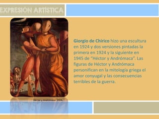 EXPRESIÓN ARTÍSTICA

Giorgio de Chirico hizo una escultura
en 1924 y dos versiones pintadas la
primera en 1924 y la siguiente en
1945 de “Héctor y Andrómaca”. Las
figuras de Héctor y Andrómaca
personifican en la mitología griega el
amor conyugal y las consecuencias
terribles de la guerra.

Héctor y Andrómaca. 1924.

 