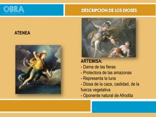 OBRA

DESCRIPCIÓN DE LOS DIOSES

ATENEA

ARTEMISA:
- Dama de las fieras
- Protectora de las amazonas
- Representa la luna
- Diosa de la caza, castidad, de la
fuerza vegetativa
- Oponente natural de Afrodita

 