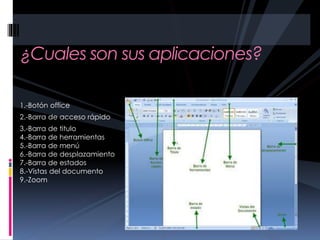 1.-Botón office
2.-Barra de acceso rápido
3.-Barra de titulo
4.-Barra de herramientas
5.-Barra de menú
6.-Barra de desplazamiento
7.-Barra de estados
8.-Vistas del documento
9.-Zoom
¿Cuales son sus aplicaciones?
 