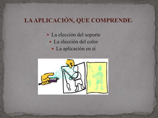 LA APLICACIÓN, QUE COMPRENDE:

      La elección del soporte
       La elección del color
        La aplicación en sí
 