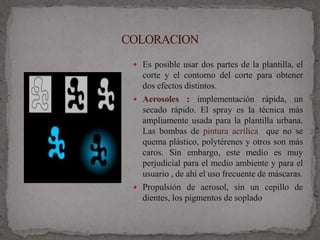  Es posible usar dos partes de la plantilla, el
  corte y el contorno del corte para obtener
  dos efectos distintos.
 Aerosoles : implementación rápida, un
  secado rápido. El spray es la técnica más
  ampliamente usada para la plantilla urbana.
  Las bombas de pintura acrílica que no se
  quema plástico, polytérenes y otros son más
  caros. Sin embargo, este medio es muy
  perjudicial para el medio ambiente y para el
  usuario , de ahí el uso frecuente de máscaras.
 Propulsión de aerosol, sin un cepillo de
  dientes, los pigmentos de soplado
 