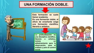 Esta formación se suele
llamar academia.
Es una formación doble: el
oficio de enseñante exige
una formación científica,
literaria o artística.
UNA FORMACIÓN DOBLE.
La profundización es
una disciplina científica,
literaria o artística,
incluía un
adiestramiento para la
observación, para el
análisis y para el control
social.
 