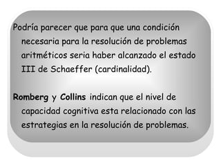 Podría parecer que para que una condición necesaria para la resolución de problemas  aritméticos seria haber alcanzado el estado III de Schaeffer (cardinalidad). Romberg  y  Collins  indican que el nivel de capacidad cognitiva esta relacionado con las estrategias en la resolución de problemas. 