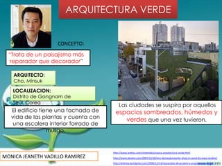 ARQUITECTURA VERDE


                    CONCEPTO:
  “Trata de un paisajismo más
   reparador que decorador”

    ARQUITECTO:
    Cho, Minsuk
   LOCALIZACION:
   Distrito de Gangnam de
   Seúl, Corea
                                           Las ciudades se suspira por aquellos
   El edificio tiene una fachada de      espacios sombreados, húmedos y
   vida de las plantas y cuenta con         verdes que una vez tuvieron.
    una escalera interior forrado de
                  musgo.


                                       http://www.arqhys.com/contenidos/nueva-arquitectura-verde.html
MONICA JEANETH VADILLO RAMIREZ         http://www.dezeen.com/2007/12/26/ann-demeulemeester-shop-in-seoul-by-mass-studies/
                                       http://arkimia.wordpress.com/2006/12/14/rascacielos-de-gruyere-y-arquitectura-verde/
 