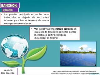 BANGKOK:
 URBANO:
• Las grandes metrópolis es de las zonas
  industriales se alejarán de los centros
  urbanos para buscar terrenos de menor
  coste por metro cuadrado

                         • Más iniciativas de tecnología ecológica en
                           los planes de desarrollo, como las plantas
                           energéticas a partir de residuos
                           implantadas en Filipinas




   Alumno:
                                               http://www.efeverde.com/contenidos-ambientales/noticias/el-
José Saucedo                                desbocado-urbanismo-en-asia-causa-serios-riesgos-medioambientales
 