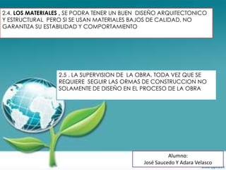 2.4. LOS MATERIALES , SE PODRA TENER UN BUEN DISEÑO ARQUITECTONICO
Y ESTRUCTURAL PERO SI SE USAN MATERIALES BAJOS DE CALIDAD, NO
GARANTIZA SU ESTABILIDAD Y COMPORTAMIENTO




                  2.5 . LA SUPERVISION DE LA OBRA, TODA VEZ QUE SE
                  REQUIERE SEGUIR LAS ORMAS DE CONSTRUCCION NO
                  SOLAMENTE DE DISEÑO EN EL PROCESO DE LA OBRA




                                                       Alumno:
                                             José Saucedo Y Adara Velasco
 