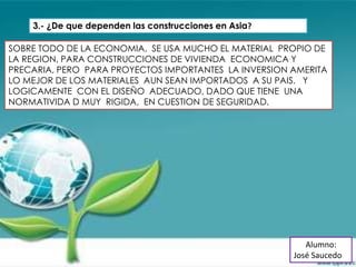 3.- ¿De que dependen las construcciones en Asia?

SOBRE TODO DE LA ECONOMIA, SE USA MUCHO EL MATERIAL PROPIO DE
LA REGION, PARA CONSTRUCCIONES DE VIVIENDA ECONOMICA Y
PRECARIA, PERO PARA PROYECTOS IMPORTANTES LA INVERSION AMERITA
LO MEJOR DE LOS MATERIALES AUN SEAN IMPORTADOS A SU PAIS. Y
LOGICAMENTE CON EL DISEÑO ADECUADO, DADO QUE TIENE UNA
NORMATIVIDA D MUY RIGIDA, EN CUESTION DE SEGURIDAD.




                                                          Alumno:
                                                       José Saucedo
 
