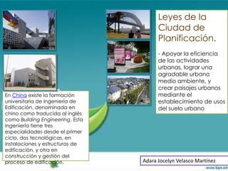 Leyes de la
                                        Ciudad de
                                        Planificación.
                                        - Apoyar la eficiencia
                                        de las actividades
                                        urbanas, lograr una
                                        agradable urbano
                                        medio ambiente, y
                                        crear paisajes urbanos
En China existe la formación            mediante el
universitaria de Ingeniería de          establecimiento de usos
Edificación, denominada en              del suelo urbano
chino como traducida al inglés
como Building Engineering. Esta
ingeniería tiene tres
especialidades desde el primer
ciclo, dos tecnológicas, en
instalaciones y estructuras de
edificación, y otra en
construcción y gestión del
proceso de edificación.           Adara Jocelyn Velasco Martínez
 