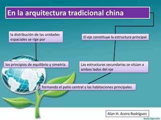 En la arquitectura tradicional china

   la distribución de las unidades
                                                El eje constituye la estructura principal
   espaciales se rige por




los principios de equilibrio y simetría.       Las estructuras secundarias se sitúan a
                                               ambos lados del eje



                       formando el patio central y las habitaciones principales




                                                               Alan H. Acero Rodríguez
 