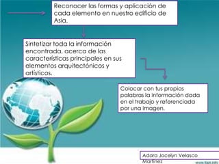 Reconocer las formas y aplicación de
          cada elemento en nuestro edificio de
          Asia.


Sintetizar toda la información
encontrada, acerca de las
características principales en sus
elementos arquitectónicos y
artísticos.

                                 Colocar con tus propias
                                 palabras la información dada
                                 en el trabajo y referenciada
                                 por una imagen.




                                        Adara Jocelyn Velasco
                                        Martínez
 