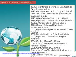 EXPOCICIONES MAS IMPORTANTES

                                                          1991, el centenario de Vincent Van Gogh de
                                                          Exposiciones, Beijing
                                                          1992, Bienal de Arte de Europa y Asia, Turquía
                                                          Óleos de China Exposición de pintura de la
                                                          Juventud, la India
                                                          1993, El Petróleo de China Pintura Bienal
                                                          1994, exposición individual en Estados Unidos
                                                          1995, pintura al óleo de China, Egipto
                                                          1996, China y Egipto Art Style Unión-
                                                          exposición, Egipto
                                                          2000, Exposición de pintura de óleo en China,
                                                          Argelia
                                                          2001, Bienal de Arte de Asia, Bangladesh
                                                          2002, exposición individual en Bélgica,
                                                          Amberes
                                                          2004, Centurial Feng Gu, China
                                                          Contemporánea Exposición de artistas
                                                          famosos, Beijing
                                                          2006, Centurial Feng Gu, China
                                                          Contemporánea Bienal de Artistas famosos
                                                          contemporáneos.
 http://trianarts.com/pintores-chinos-liu-yaming-la-fuerza-de-la-expresion/
                                                          2008, Exhibición Internacional deH. Acero Rodríguez
                                                                                      Alan Arte Bienal de
 