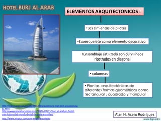 HOTEL BURJ AL ARAB
                                                               ELEMENTOS ARQUITECTONICOS :


                                                                               •Los cimientos de pilotes


                                                                         •Exoesqueleto como elemento decorativo


                                                                             •Ensamblaje estilizado son curvilíneos
                                                                                   riostrados en diagonal


                                                                                  • columnas


                                                                              • Plantas arquitectónicas de
                                                                              diferentes formas geométricas como
                                                                              rectangular , cuadrada y triangular


http://indesingld.blogspot.mx/2011/04/arquitectura-high-tech-arquitectura-
de.html
http://www.planetacurioso.com/2007/01/15/burj-al-arab-el-hotel-
mas-lujoso-del-mundo-hotel-de-siete-estrellas/                                                   Alan H. Acero Rodríguez
http://www.arkiplus.com/tom-wright-arquitecto
 