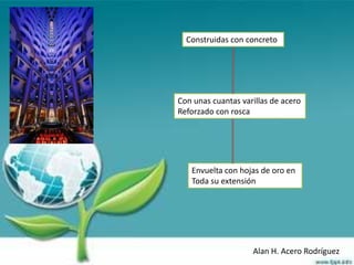 Construidas con concreto




Con unas cuantas varillas de acero
Reforzado con rosca




   Envuelta con hojas de oro en
   Toda su extensión




                    Alan H. Acero Rodríguez
 