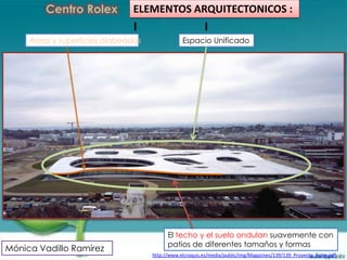 Centro Rolex          ELEMENTOS ARQUITECTONICOS :

     Áreas y superficies alabeadas               Espacio Unificado




                                           El techo y el suelo ondulan suavemente con
                                           patios de diferentes tamaños y formas
Mónica Vadillo Ramírez
                                     http://www.elcroquis.es/media/public/img/Magazines/139/139_Proyecto_Rolex.pdf
 