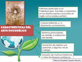 Patrones parecidos a un
                      Caleidoscopio, fractales o inspirados
                      en los diseños persas conocidos en
                      inglés como paisley pattern.


                       Colores brillantes y / o
                       altamente contrastantes.
CARACTERÍSTICAS DEL
ARTE PSICODÉLICO
                        Extrema profundidad
                        de detalle o estilización
                        del detalle.


                         Mutación de objetos y/o
                         patrones y algunas veces
                         collage.

                        Inclusión de motivos fosfénicos
                        y otros fenómenos entópicos.
                                    Mónica Elizabeth Savalza Novela
 