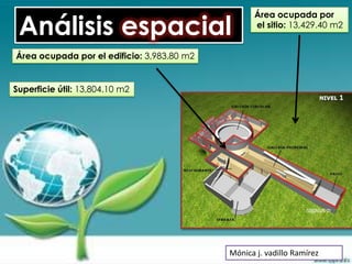 Análisis espacial
                                                   Área ocupada por
                                                   el sitio: 13,429.40 m2


Área ocupada por el edificio: 3,983.80 m2


Superficie útil: 13,804.10 m2




                                            Mónica j. vadillo Ramírez
 