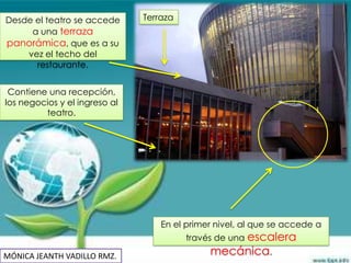 Desde el teatro se accede      Terraza
     a una terraza
panorámica, que es a su
    vez el techo del
      restaurante.


 Contiene una recepción,
los negocios y el ingreso al
         teatro.




                                   En el primer nivel, al que se accede a
                                         través de una escalera

MÓNICA JEANTH VADILLO RMZ.                    mecánica.
 