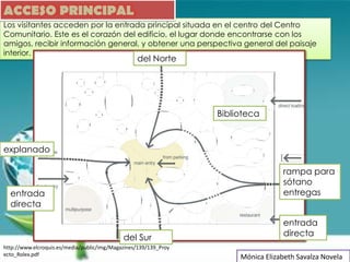 ACCESO PRINCIPAL
Los visitantes acceden por la entrada principal situada en el centro del Centro
Comunitario. Este es el corazón del edificio, el lugar donde encontrarse con los
amigos, recibir información general, y obtener una perspectiva general del paisaje
interior.
                                                  del Norte




                                                                  Biblioteca



explanado

                                                                                    rampa para
                                                                                    sótano
  entrada                                                                           entregas
  directa

                                                                                    entrada
                                             del Sur                                directa
http://www.elcroquis.es/media/public/img/Magazines/139/139_Proy
ecto_Rolex.pdf                                                         Mónica Elizabeth Savalza Novela
 