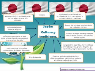Karaoke,              La familia estaba enfocada en
     incorporan varias características de                                  actividades de ocio, como paseos a
        muchas religiones en su vida                                         parques o centros comerciales
                 cotidiana


                                                                                       Buscan una forma de entretenimiento
        Tradiciones literarias y                              Japón:                         de cualquiera manera.
          artísticas antiguas.

                                                         Cultura y                       Cuando se dirigen al trabajo, siempre
                                                                                         leen su revista favorita o escuchan su
  Los fumadores es que no se suele
poder fumar en la calle ya que se está
                                                        tradiciones.                                 música favorita
       bajo amenaza de multa


                                                                                    Manga (cómic japonés) y el anime (dibujo
                                                                                    animado japonés), propios del país y que
      Japón es uno de los grandes                                                   han tenido una gran aceptación mundial.
   consumidores de tabaco del mundo.



                                                                      Celebran festivales pertenecientes a
                                         El jardín japonés.
                                                                  diferentes religiones, tales como el budismo,
                                                                        el cristianismo y la religión shinto.




                                                                                  ADARA JOCELYN VELASCO MARTINEZ
 