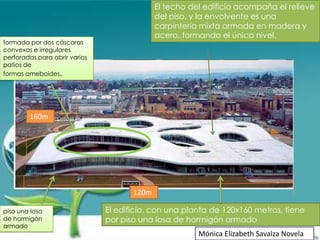 El techo del edificio acompaña el relieve
                                             del piso, y la envolvente es una
                                             carpintería mixta armada en madera y
                                             acero, formando el único nivel.
formada por dos cáscaras
convexas e irregulares
perforadas para abrir varios
patios de
formas ameboides.




        160m




                                      120m

piso una losa                  El edificio, con una planta de 120x160 metros, tiene
de hormigón                    por piso una losa de hormigón armado
armado
                                                        Mónica Elizabeth Savalza Novela
 