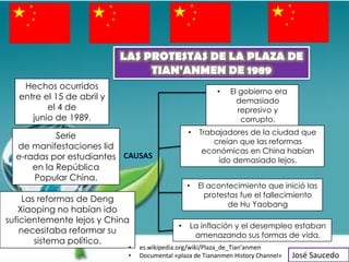 LAS PROTESTAS DE LA PLAZA DE
                                 TIAN'ANMEN DE 1989
    Hechos ocurridos
                                                          •   El gobierno era
   entre el 15 de abril y                                       demasiado
          el 4 de                                                represivo y
      junio de 1989.                                              corrupto.

            Serie                                •   Trabajadores de la ciudad que
                                                         creían que las reformas
  de manifestaciones lid
                                                      económicas en China habían
  e-radas por estudiantes CAUSAS                          ido demasiado lejos.
      en la República
      Popular China.
                                                 •   El acontecimiento que inició las
                                                       protestas fue el fallecimiento
     Las reformas de Deng
                                                             de Hu Yaobang
   Xiaoping no habían ido
suficientemente lejos y China
                                             •   La inflación y el desempleo estaban
    necesitaba reformar su
                                                  amenazando sus formas de vida.
        sistema político.
                             •   es.wikipedia.org/wiki/Plaza_de_Tian'anmen
                             •   Documental «plaza de Tiananmen History Channel»   José Saucedo
 