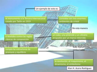 Un ejemplo de esto es:



el monumento a la Tercera Internacional                 constaba con tres enormes
creado por Tatlin en 1919                               ambientes de cristal

                                                                    De esta manera

                                               un cubo, una pirámide y un cilindro
e revelaba contra las reglas
                                               atrapados por un marco retorcido
clásicas de composición


                                                                    Este monumento
rompía las estructuras de                                           simbolizaba
jerarquía y equilibrio


                                                 la revolución, el maquinismo, el
                                                 dinamismo, el simbolismo
                                                               Alan H. Acero Rodríguez
 