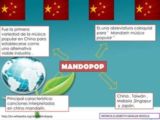 Fue la primera                                Es una abreviatura coloquial
variedad de la música                         para " Mandarín música
popular en China para                         popular "
establecerse como
una alternativa
viable industria .


                                        MANDOPOP



                                                          China , Taiwán ,
    Principal característica:
                                                          Malasia ,Singapur
    canciones interpretadas
                                                          y Japón.
    en chino mandarín.
http://en.wikipedia.org/wiki/Mandopop           MONICA ELIZABETH SAVALZA NOVELA
 