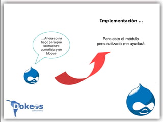 Implementación …



… Ahora como         Para esto el módulo
hago para que
 se muestre
                  personalizado me ayudará
como lista y en
   bloque
 