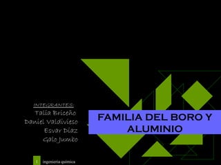 QUÍMICA INORGÁNICA FAMILIA DEL BORO Y ALUMINIO INTEGRANTES:   Talía Briceño  Daniel Valdivieso Esvar Díaz Galo Jumbo 