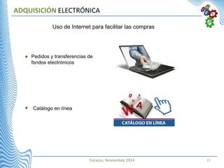 Caracas, Noviembre 2014 11
ADQUISICIÓN ELECTRÓNICA
Pedidos y transferencias de
fondos electrónicos
Catálogo en línea
Uso de Internet para facilitar las compras
 