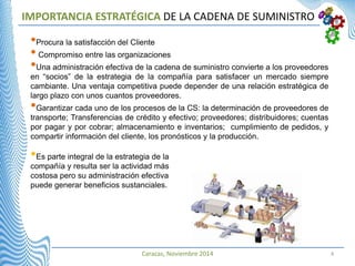 IMPORTANCIA ESTRATÉGICA DE LA CADENA DE SUMINISTRO
4Caracas, Noviembre 2014
•Procura la satisfacción del Cliente
•Compromiso entre las organizaciones
•Una administración efectiva de la cadena de suministro convierte a los proveedores
en “socios” de la estrategia de la compañía para satisfacer un mercado siempre
cambiante. Una ventaja competitiva puede depender de una relación estratégica de
largo plazo con unos cuantos proveedores.
•Garantizar cada uno de los procesos de la CS: la determinación de proveedores de
transporte; Transferencias de crédito y efectivo; proveedores; distribuidores; cuentas
por pagar y por cobrar; almacenamiento e inventarios; cumplimiento de pedidos, y
compartir información del cliente, los pronósticos y la producción.
•Es parte integral de la estrategia de la
compañía y resulta ser la actividad más
costosa pero su administración efectiva
puede generar beneficios sustanciales.
 
